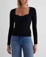 Ribbed Sweetheart Neckline Long Sleeve Sweater Black Women's M