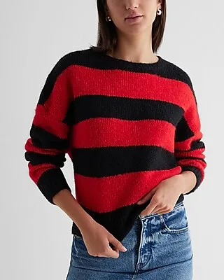 Striped Fuzzy Knit Crew Neck Sweater Red Women's XS