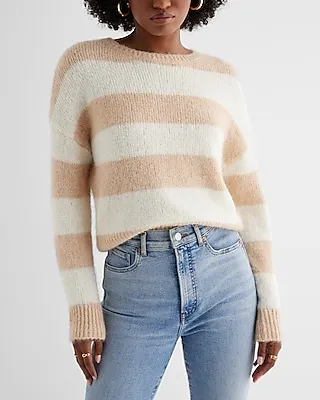 Striped Fuzzy Knit Crew Neck Sweater Multi-Color Women's XL