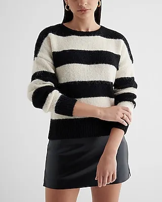 Striped Fuzzy Knit Crew Neck Sweater Multi-Color Women's L