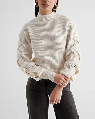 Mock Neck Braid Knit Sleeve Sweater White Women's XL