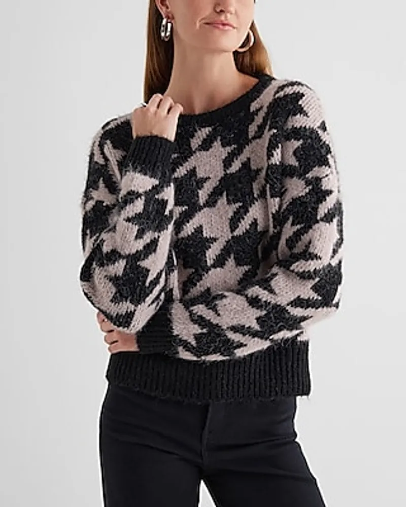 Houndstooth Fuzzy Knit Crew Neck Sweater Multi-Color Women's