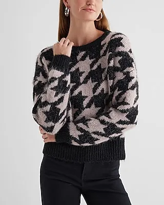 Houndstooth Fuzzy Knit Crew Neck Sweater Multi-Color Women's XS