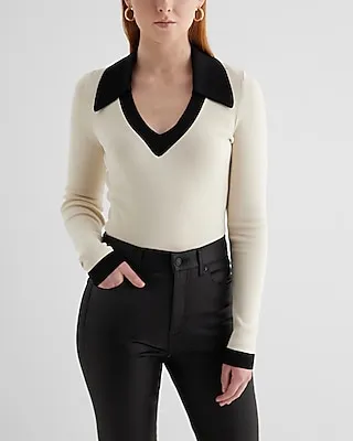 Silky Soft Fitted Tipped V-Neck Polo Sweater White Women's S