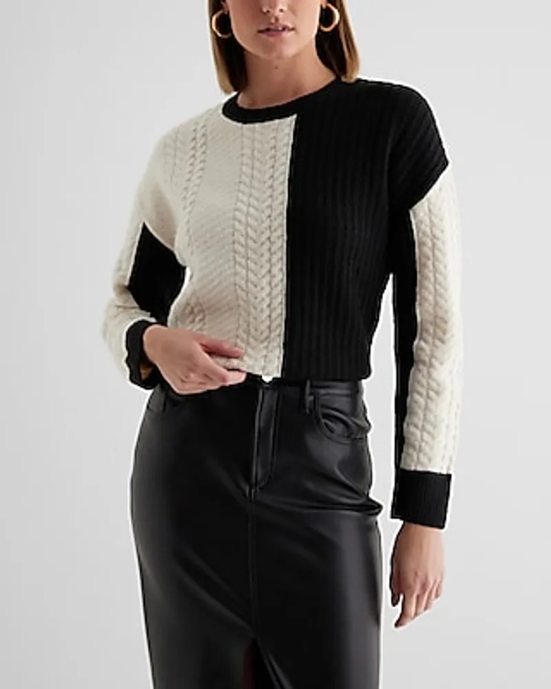 Cable Knit Ribbed Color Block Crew Neck Sweater