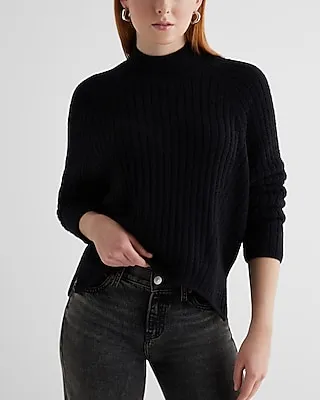 Ribbed Mock Neck Long Sleeve Sweater Black Women's XS