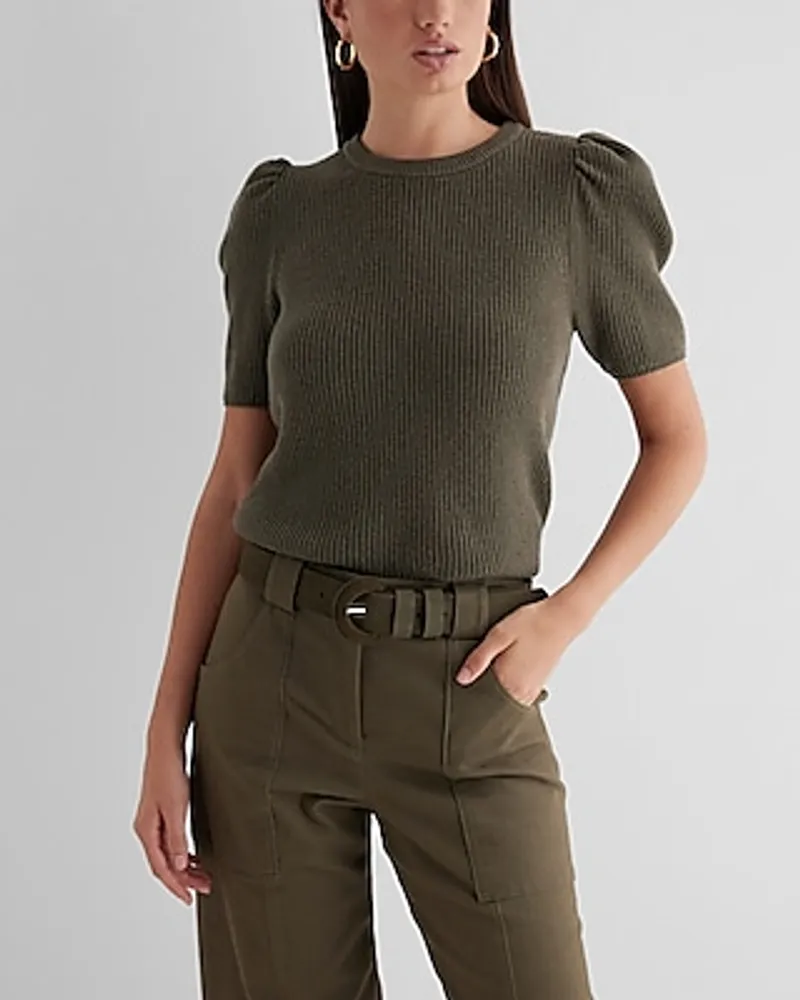 Ribbed Crew Neck Puff Sleeve Sweater Green Women's S