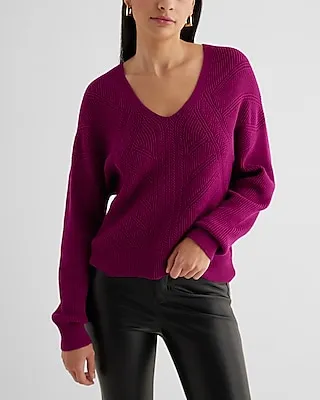 Relaxed Stitched V-Neck Long Sleeve Sweater Pink Women's XS