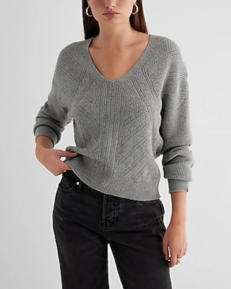 Express Relaxed Stitched V-Neck Long Sleeve Sweater Gray Women's M