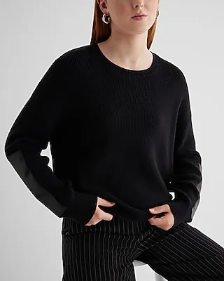 Relaxed Crew Neck Faux Leather Patch Sweater