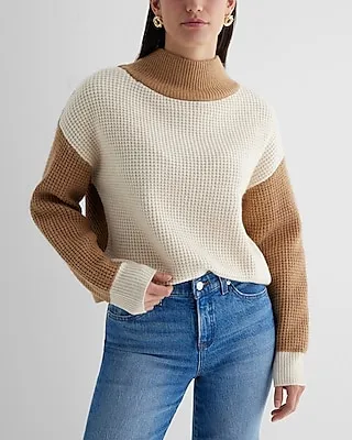 Reversible Color Block Mock Neck Crossover Sweater Neutral Women's M