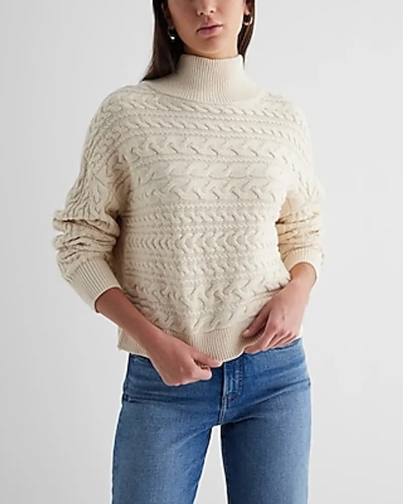 Reversible Cable Knit Mock Neck Crossover Sweater Neutral Women's XL