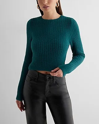 Fitted Ribbed Plush Knit Crew Neck Sweater Green Women's S