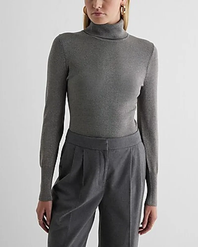 Silky Soft Fitted Shine Turtleneck Long Sleeve Sweater Gray Women