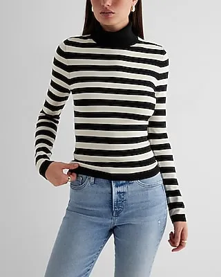 Silky Soft Fitted Striped Turtleneck Sweater Black Women's M