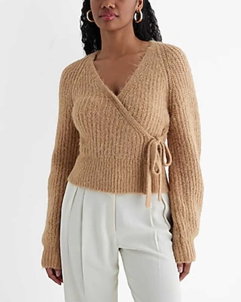 Fuzzy Ribbed Surplice Tie Sweater Brown Women's L