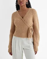 Fuzzy Ribbed Surplice Tie Sweater Brown Women's L