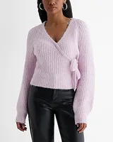 Fuzzy Ribbed Surplice Tie Sweater Pink Women's L