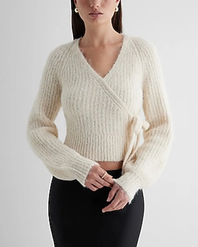 Fuzzy Ribbed Surplice Tie Sweater Neutral Women's