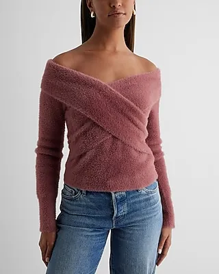 Faux Fur Off The Shoulder Surplice Sweater Purple Women's XS