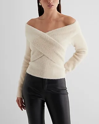 Faux Fur Off The Shoulder Surplice Sweater Neutral Women's XS
