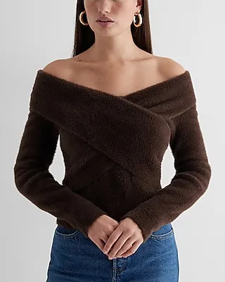 Faux Fur Off The Shoulder Surplice Sweater Women's XS