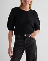 Crew Neck Short Puff Sleeve Sweater Black Women's XL