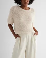 Faux Fur Sequin Crew Neck Short Puff Sleeve Sweater