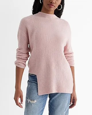 Ribbed Mock Neck Asymmetrical Hem Sweater Pink Women's XS