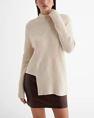 Ribbed Mock Neck Asymmetrical Hem Sweater Neutral Women's S