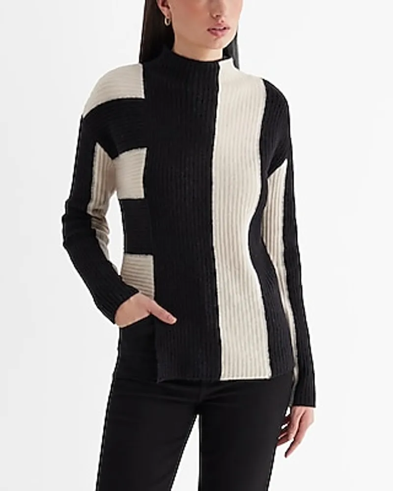 Color Block Mock Neck Asymmetrical Hem Sweater Black Women's M