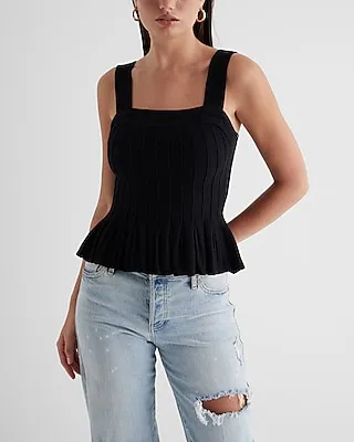 Square Neck Pleated Peplum Sweater Tank Black Women's XS