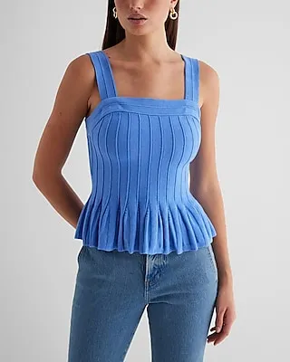 Square Neck Pleated Peplum Sweater Tank Blue Women's XL