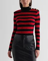 Striped Mock Neck Padded Shoulder Novelty Button Sweater