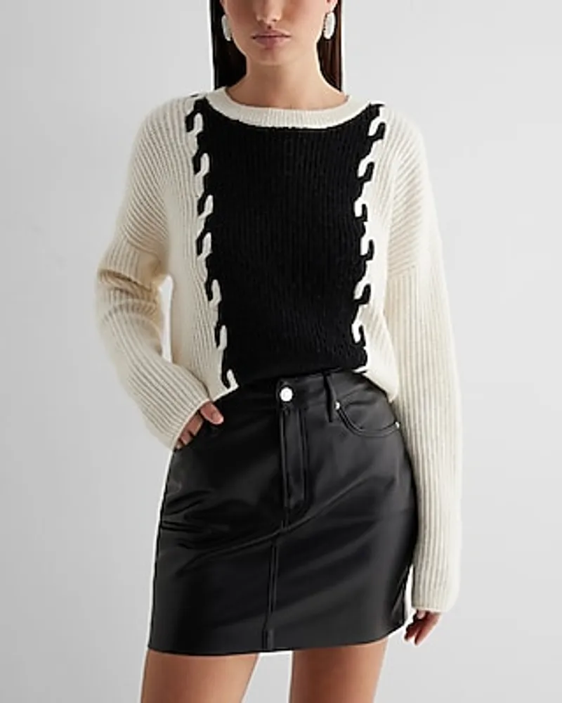 Cable Knit Color Block Crew Neck Sweater White Women