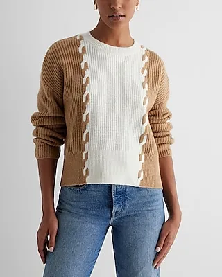 Cable Knit Color Block Crew Neck Sweater