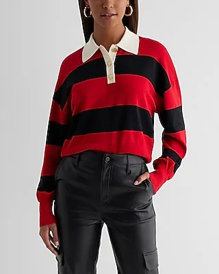 Striped Novelty Button Polo Sweater Multi-Color Women's S