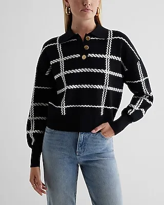 Plaid Novelty Button Polo Sweater Black Women