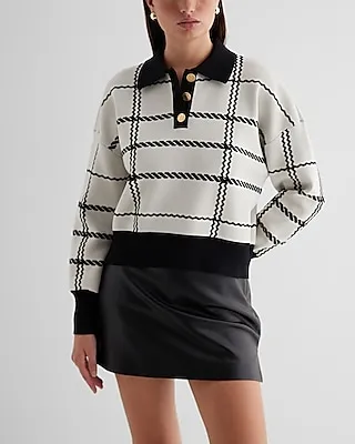 Plaid Novelty Button Polo Sweater White Women's M
