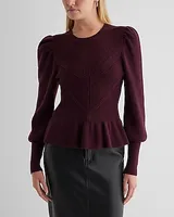 Ribbed Crew Neck Puff Sleeve Peplum Sweater