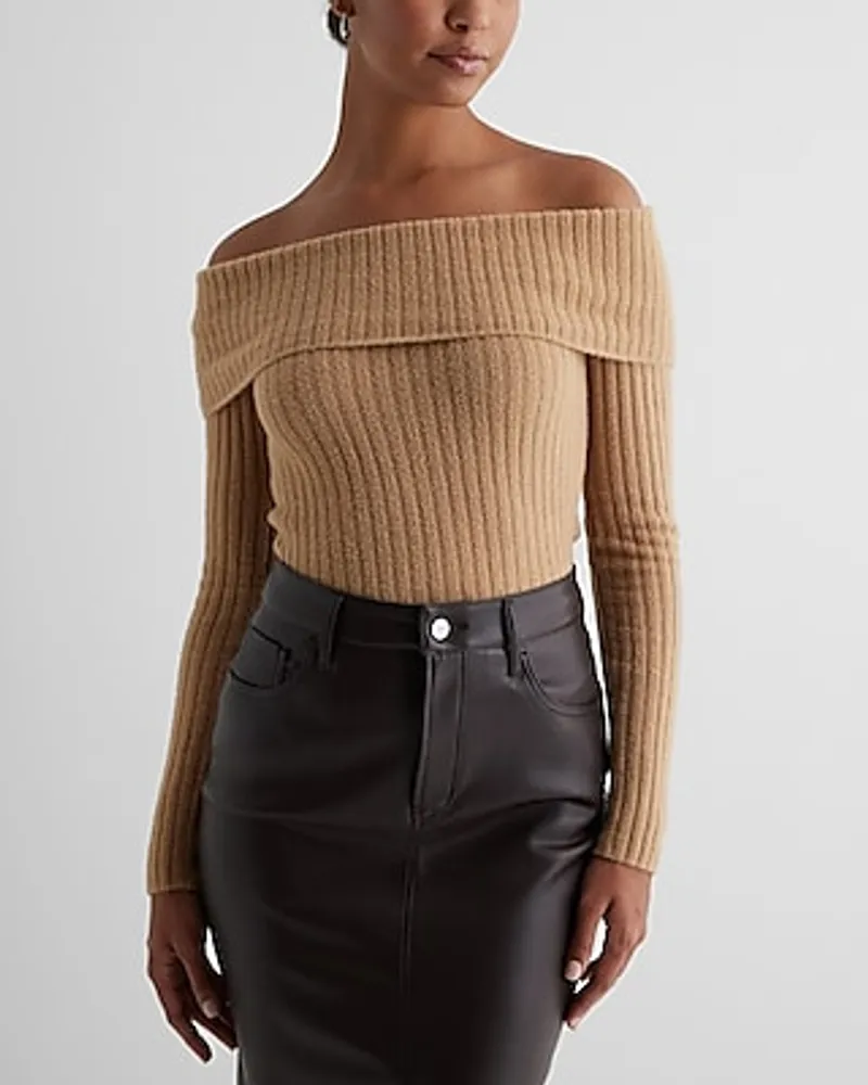 Ribbed Fitted Off The Shoulder Overlay Sweater Brown Women's S