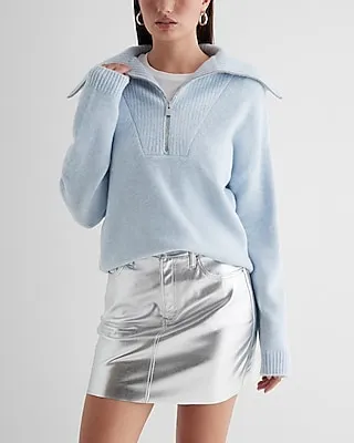 Quarter Zip Oversized Collar Sweater Blue Women's M