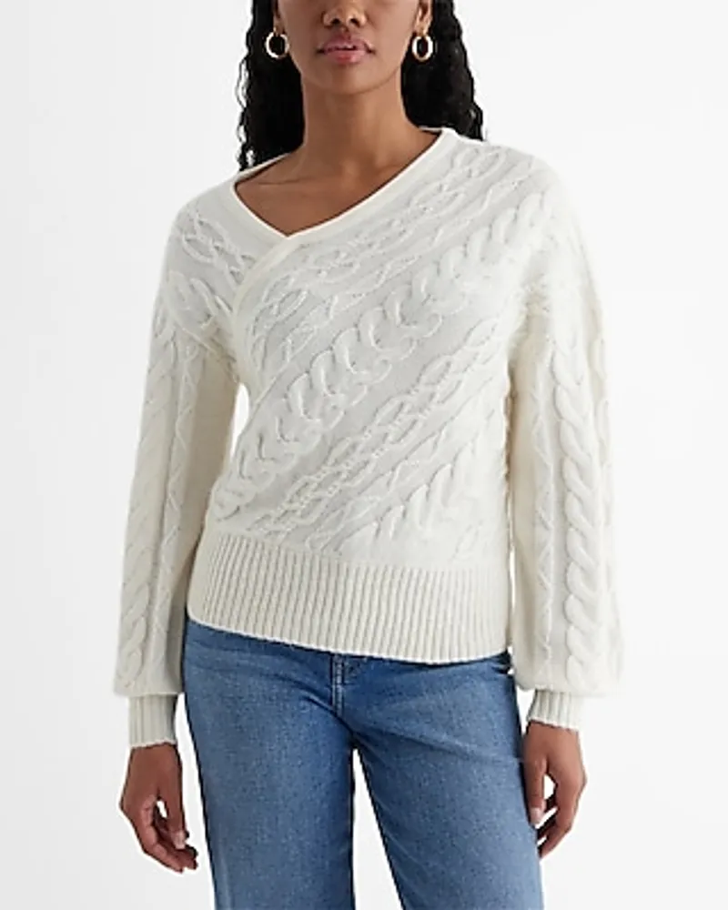 Cable Knit Asymmetrical Long Sleeve Sweater White Women's S