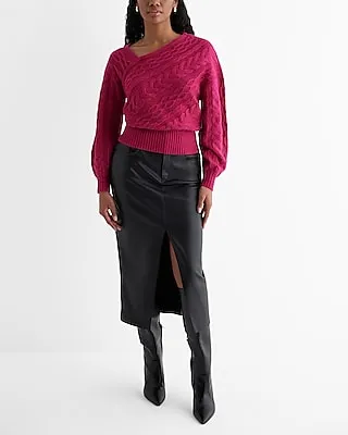 Cable Knit Asymmetrical Long Sleeve Sweater Pink Women's