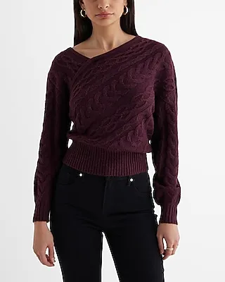 Cable Knit Asymmetrical Long Sleeve Sweater Red Women's XS