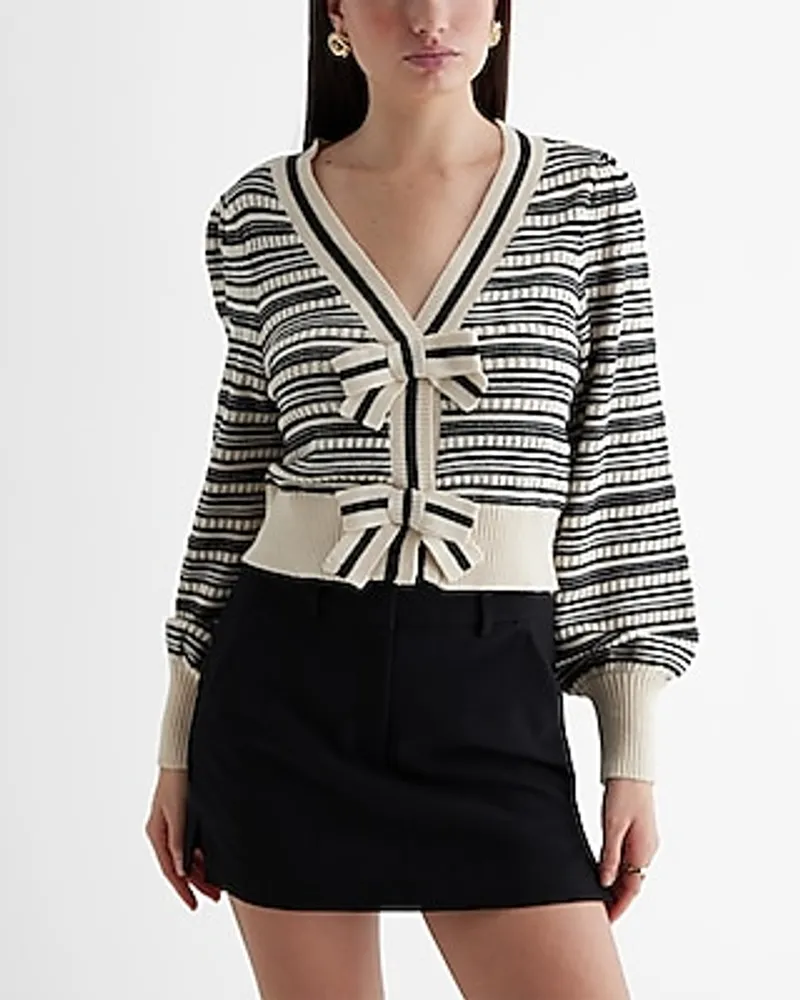 Striped V-Neck Bow Cardigan Multi-Color Women