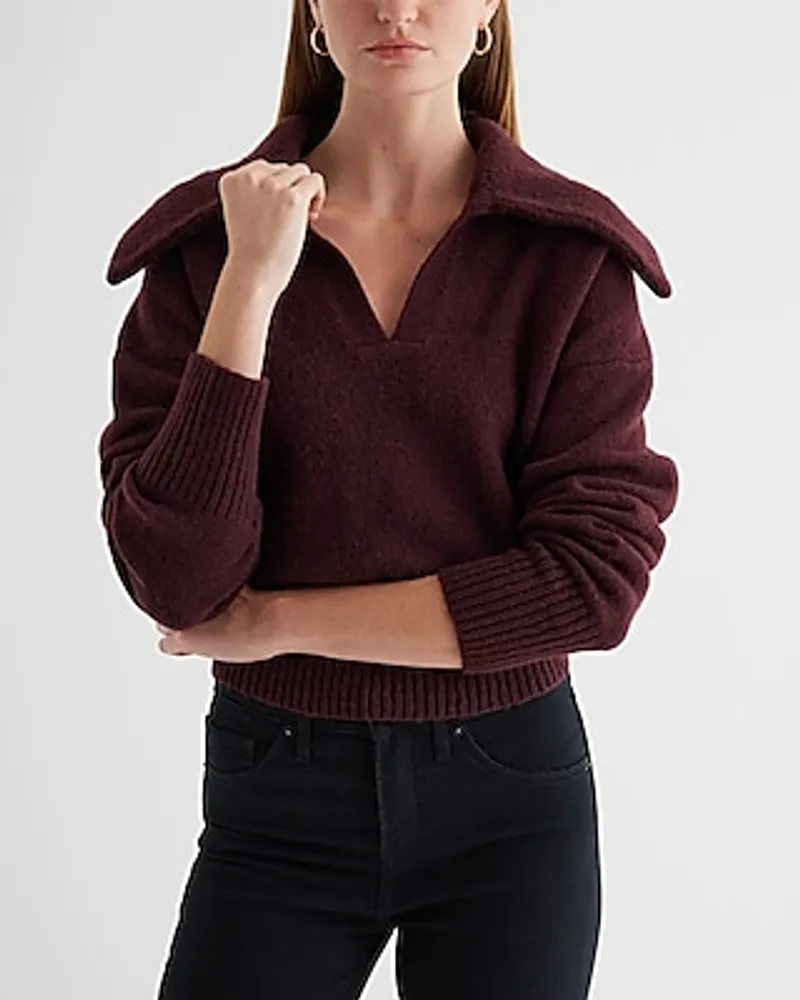 V-Neck Long Sleeve Polo Sweater Red Women's XS