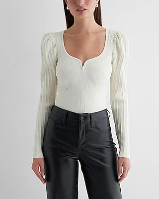 Ribbed Sweetheart Neckline Puff Sleeve Sweater