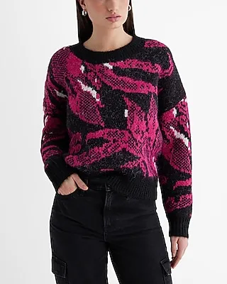 Fuzzy Knit Printed Crew Neck Sweater Black Women's L