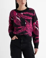 Fuzzy Knit Printed Crew Neck Sweater Black Women's XS